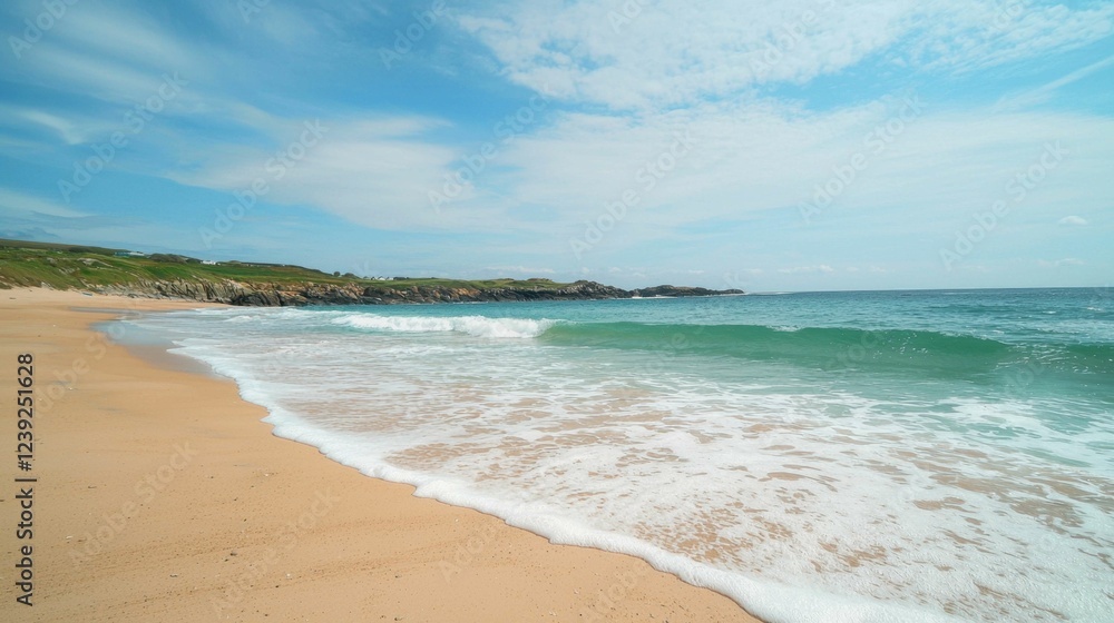 Serene Beach Scene with Gentle Waves and Blue Sky Serene Beach Scene with Gentle Waves and Blue Sky