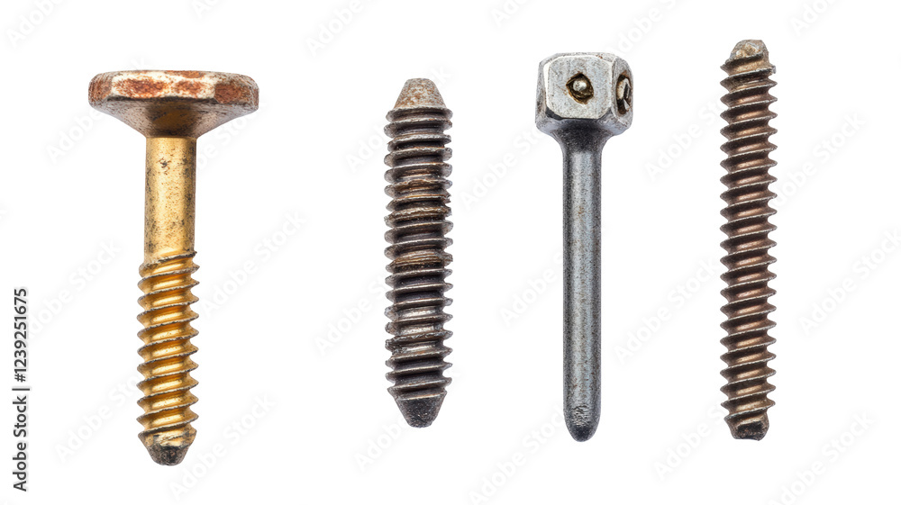 Isolated Assortment of Four Various Metal Screws Isolated Assortment of Four Various Metal Screws