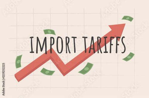 Import tariffs increasing. Arrow going up, money flying. Modern vector illustration with grid. Economic concept.
