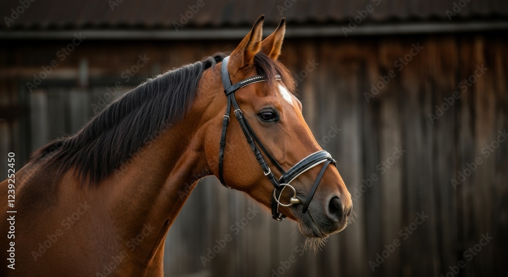 Elegant brown horse with bridle in rustic barn setting Elegant brown horse with bridle in rustic barn setting