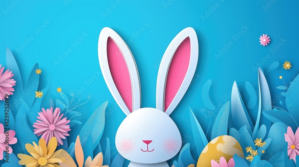 Cute Easter bunny peeking from flowers and eggs Cute Easter bunny peeking from flowers and eggs