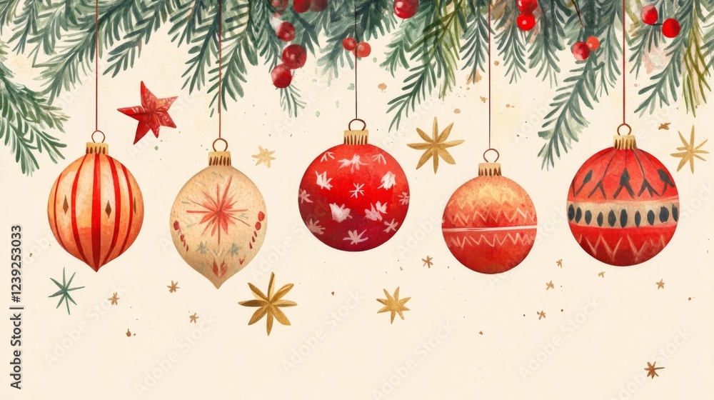 Naklejka premium Watercolor Christmas Ornaments with Fir Branches