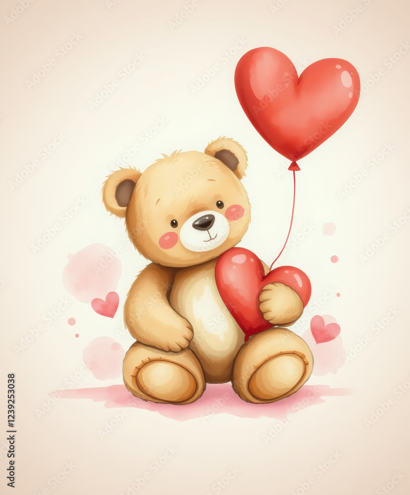 Obraz premium Cute teddy bear holding a heart-shaped balloon and a heart, surrounded by love and warmth in a charming artistic display