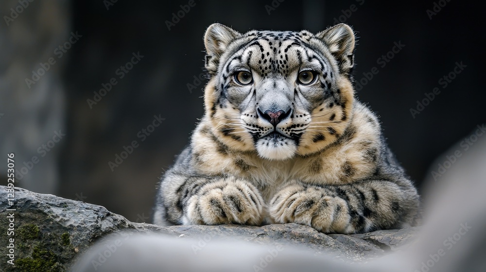 Fototapeta premium A majestic snow leopard gazes curiously, showcasing its striking features and unique spotted fur against a natural backdrop.