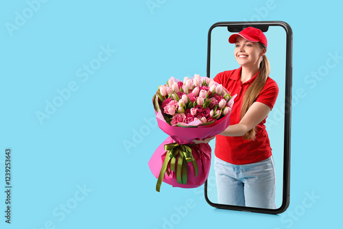 Female courier with bouquet...