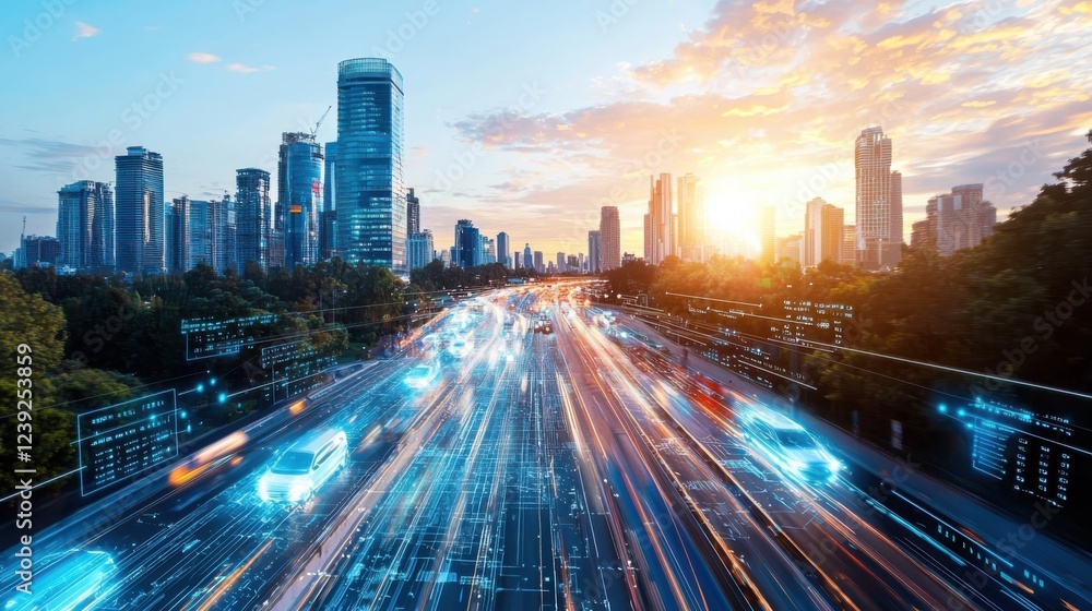 Obraz premium Autonomous vehicles navigate smart traffic systems futuristic cityscape gigapixel content neon-illuminated environment aerial view technology concept