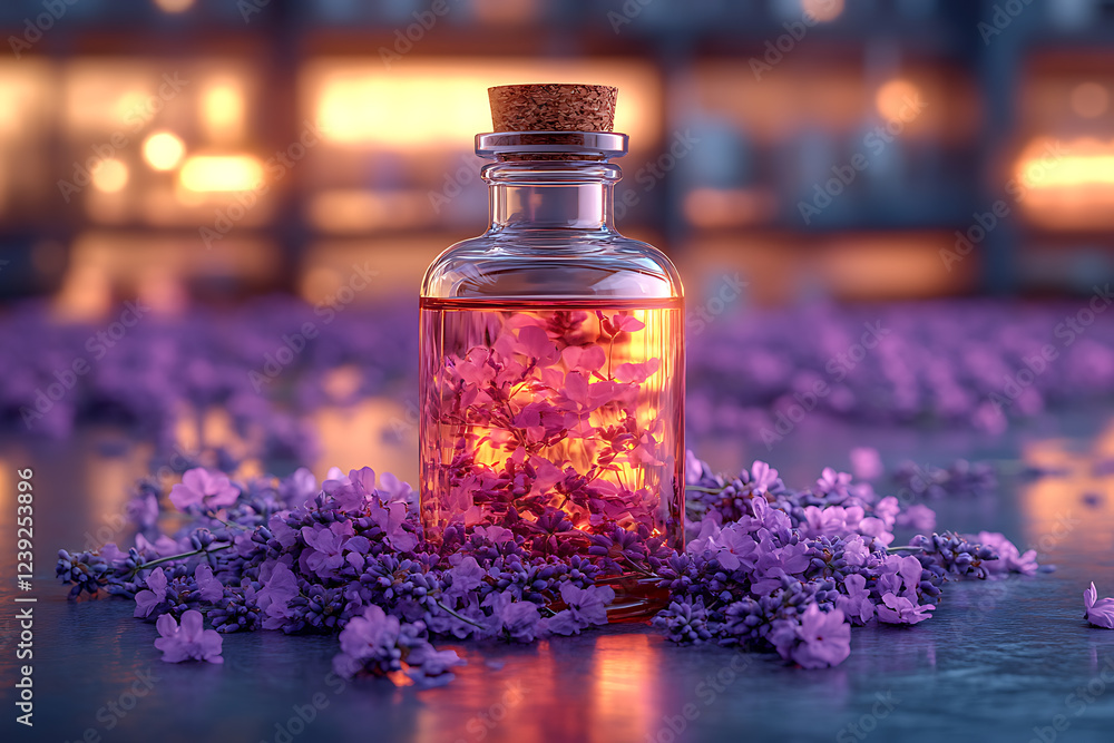 A beautifully arranged laboratory scene featuring dried lavender petals and a glass bottle of lavender essential oil. A beautifully arranged laboratory scene featuring dried lavender petals and a glass bottle of lavender essential oil.