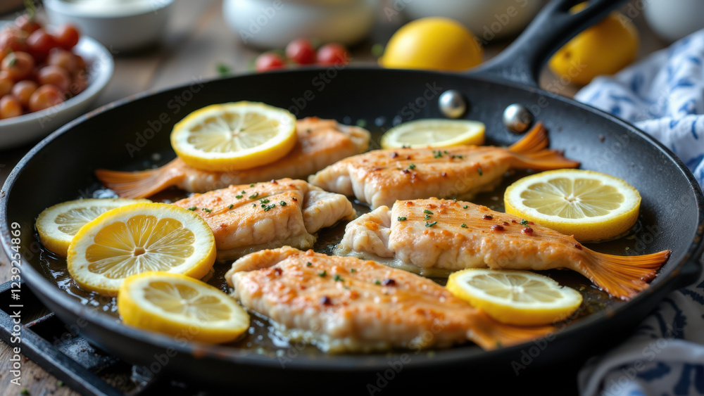 Fototapeta premium Tasty looking grilled fish on a pan with lemon slices.