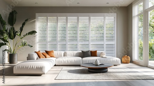 Modern living room with white sofa and large windows featuring plantation shutters and indoor plants