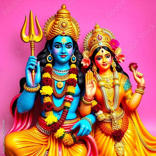 beautiful colorful hindu god lord shiva or sankar,mahadev with goddess parvathy or parvati with flower decoration photo