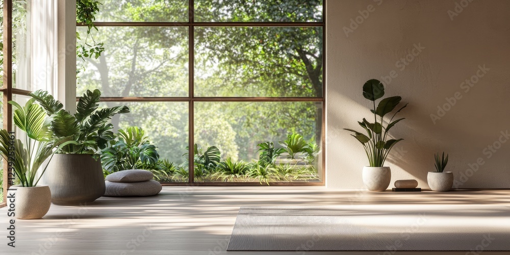 Serene yoga studio with minimalist decor, soft natural light, indoor plants, calming ambiance Serene yoga studio with minimalist decor, soft natural light, indoor plants, calming ambiance