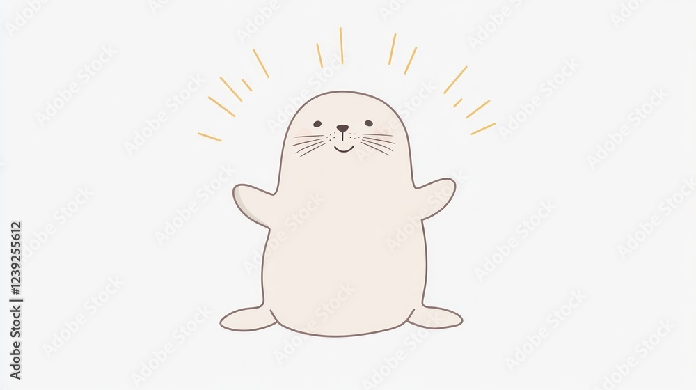 Happy seal cartoon, white background, rays. Perfect for kids' books Happy seal cartoon, white background, rays. Perfect for kids' books