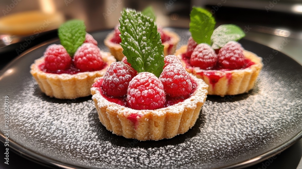 Raspberry tarts with mint: delicious desserts topped with fresh berries and powdered sugar Raspberry tarts with mint: delicious desserts topped with fresh berries and powdered sugar