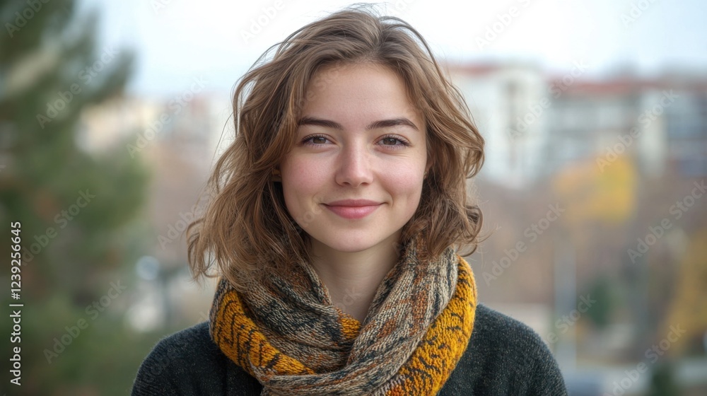 Young woman smiling outdoors in autumn, wearing scarf and sweater, against urban background Young woman smiling outdoors in autumn, wearing scarf and sweater, against urban background