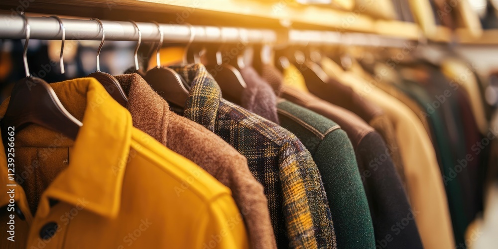 Obraz premium Woman browsing through a rack of vintage coats in a cozy thrift store, neutral background
