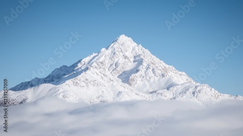Snowy mountain peak above clouds, winter landscape