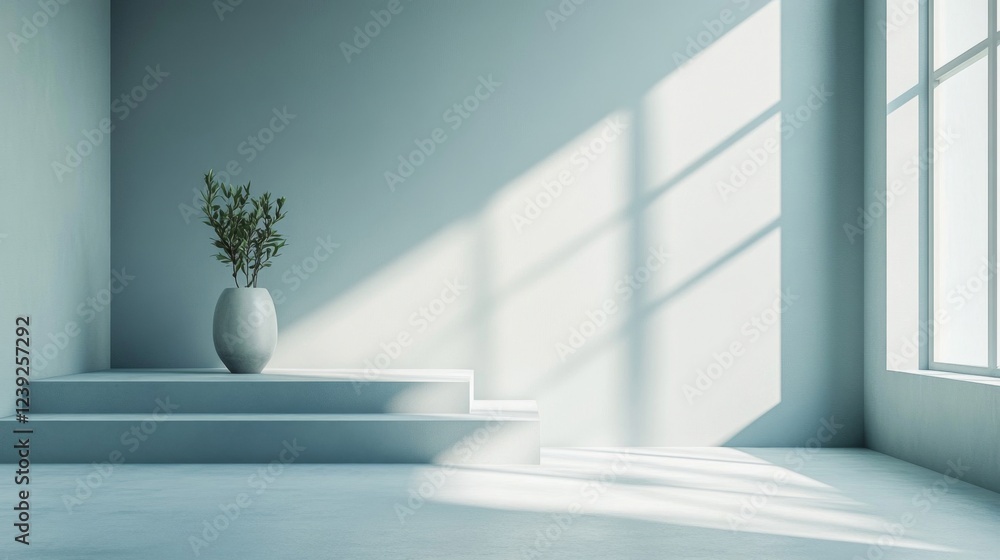 Minimalist Light Blue Interior Room with Plant on Steps Minimalist Light Blue Interior Room with Plant on Steps
