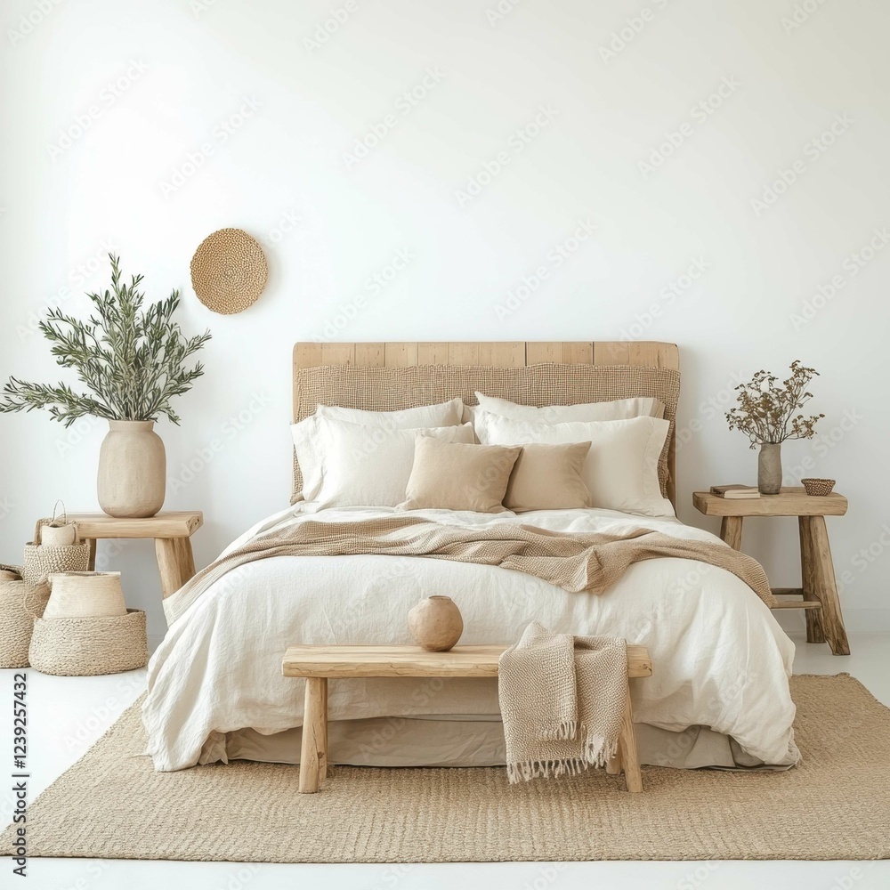 Fototapeta premium Cozy and Minimalistic Bedroom with Neutral Tones and Natural Decor