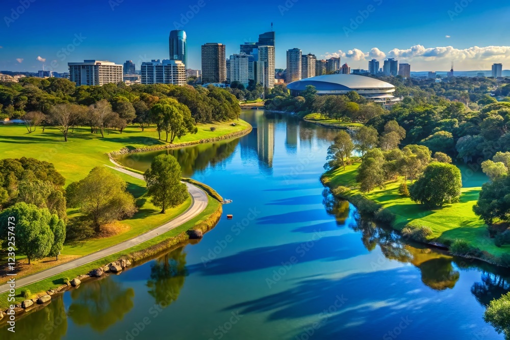 Naklejka premium Sydney Olympic Park Panorama: Rhodes River, Lush Greenery, and Modern Architecture