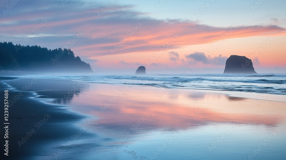 Fototapeta premium Misty Beach at Sunrise with Colorful Sky and Reflective Water