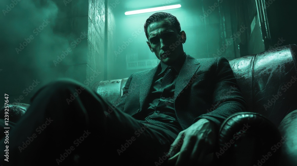 Mysterious young man seated in dark smoky room with green ambient lighting Mysterious young man seated in dark smoky room with green ambient lighting