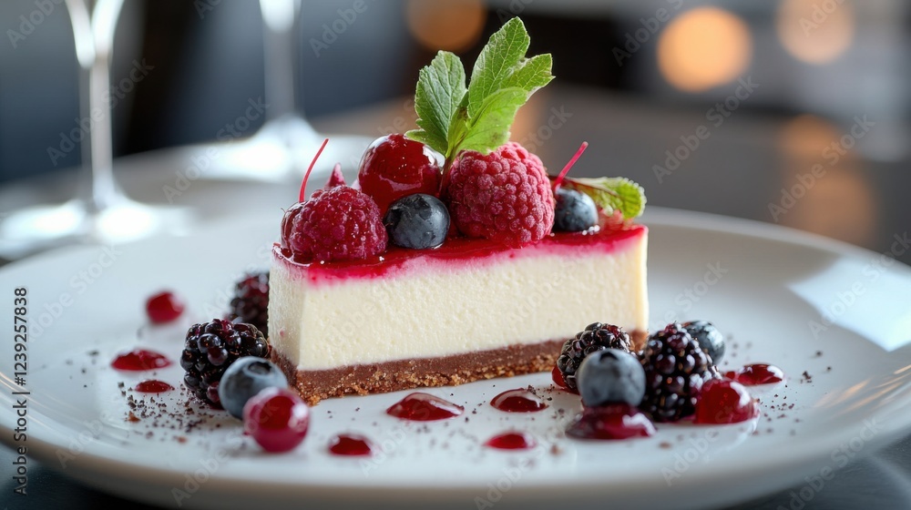 Delicious cheesecake slice with fresh berries and mint garnish on elegant white plate Delicious cheesecake slice with fresh berries and mint garnish on elegant white plate