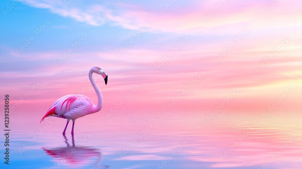 Fototapeta premium Pink Flamingo Sunset Serenity - A single flamingo stands in calm, pink-hued water at sunset. Symbolizing peace, beauty, grace, freedom, and tranquility.