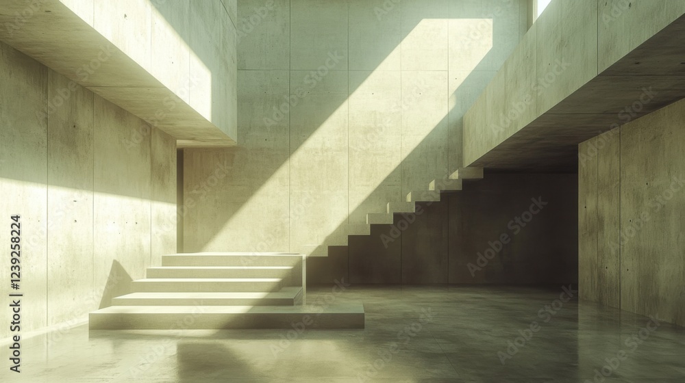 Modern minimalist concrete interior with stairs and sunlight casting long shadows Modern minimalist concrete interior with stairs and sunlight casting long shadows