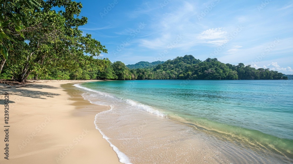 Serene Tropical Beach Scene with Clear Water and Lush Greenery Serene Tropical Beach Scene with Clear Water and Lush Greenery