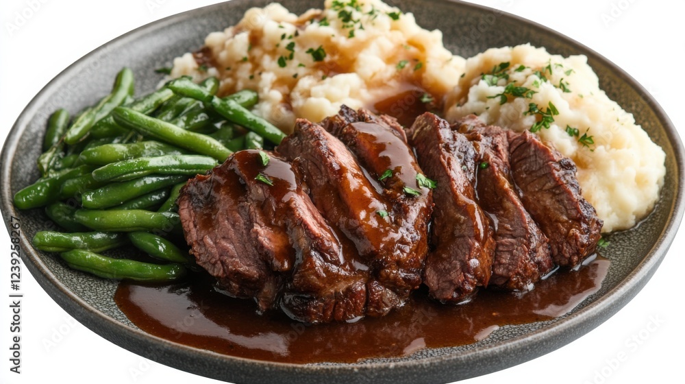 Savory roasted beef with mashed potatoes, gravy, and green beans on a plate Savory roasted beef with mashed potatoes, gravy, and green beans on a plate