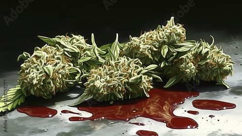 Marijuana Buds Surrounded By Blood Spilled On Surface photo