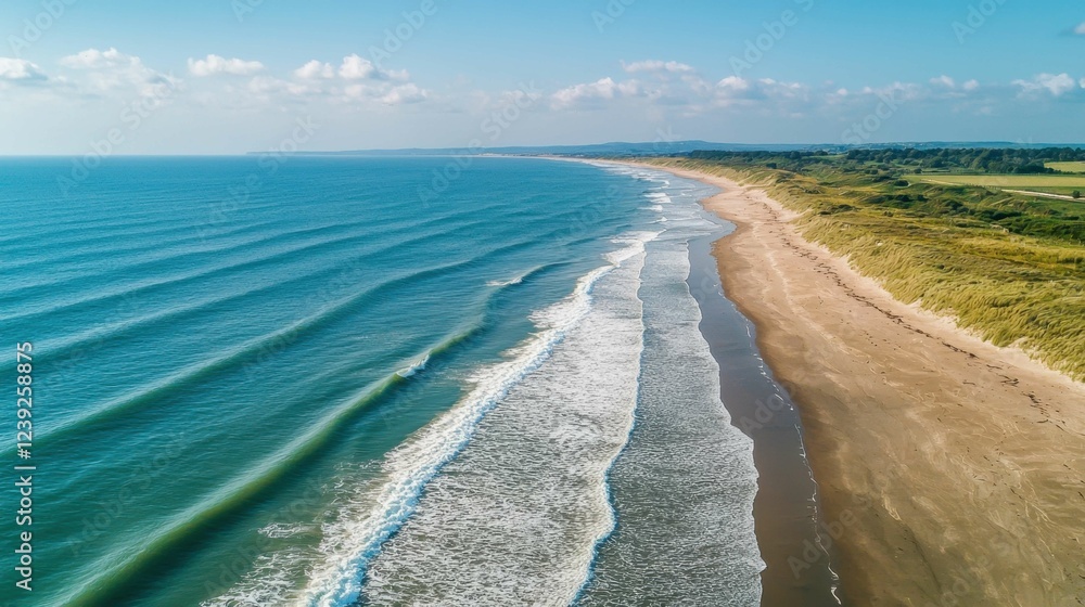 Fototapeta premium Aerial View of Serene Beach with Gentle Waves and Clear Skies