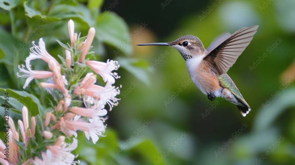 Fototapeta premium Hummingbird feeding on flowers in garden