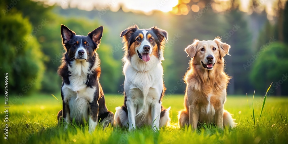 Three Adorable Dogs Posing Outdoors in Panoramic Green Landscape Three Adorable Dogs Posing Outdoors in Panoramic Green Landscape