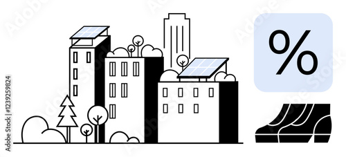 Urban buildings feature solar panels, trees, and surrounding greenery. Percent symbol and escalators included. Ideal for sustainability, green energy, urbanization, environment, renewable resources