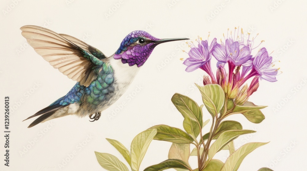 Fototapeta premium Hummingbird feeding on purple flower, nature background, nature illustration