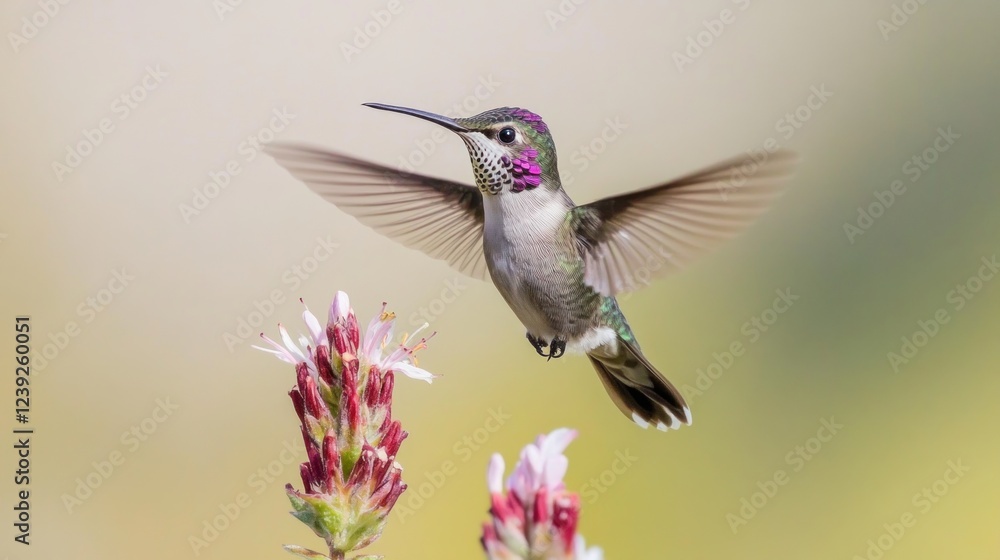 Fototapeta premium Hummingbird hovering near flowers, nature background, wildlife photography