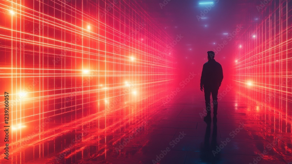 Silhouette of a man walking in a futuristic red and blue neon corridor Silhouette of a man walking in a futuristic red and blue neon corridor