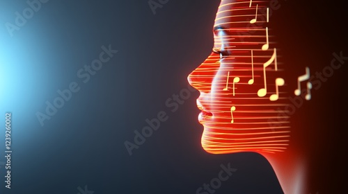 Woman's Face Formed by Musical Notes - Abstract profile of a woman, her features composed of musical notes and glowing lines. Symbolizing creativity, melody, harmony, rhythm, and artistry.
