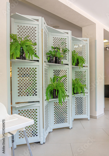 Obraz na płótnie A stylish room divider with an elegant lattice design is adorned with lush green plants. w salonie