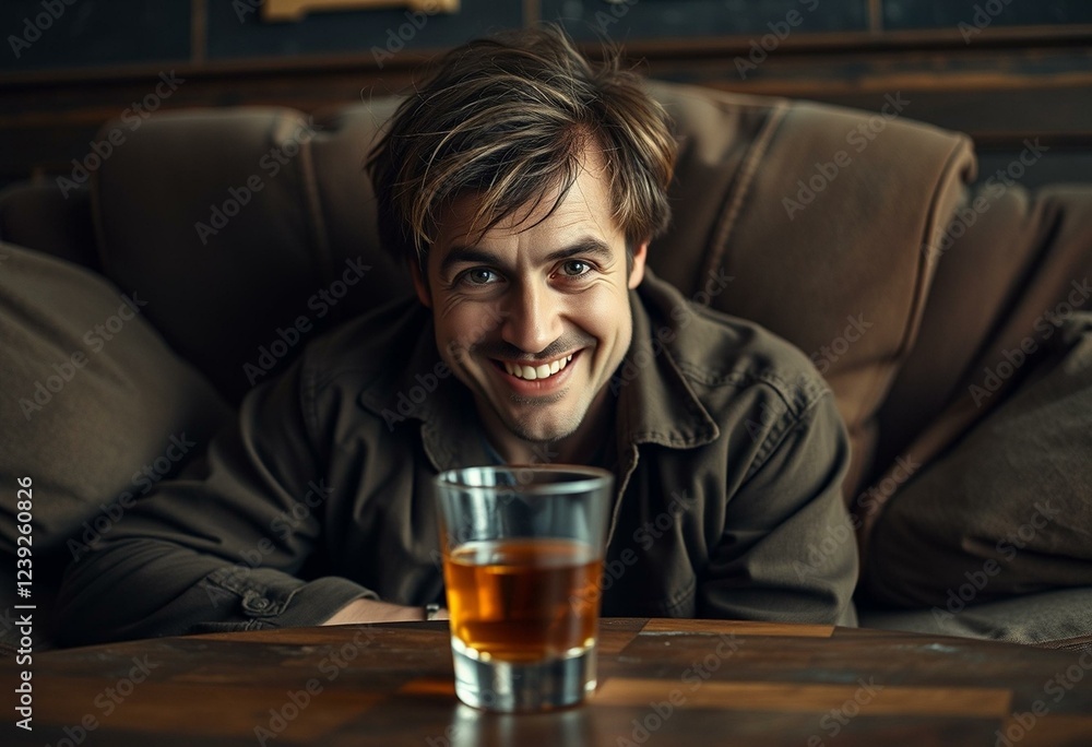 A drunk man seated on a worn-out couch with a glass of whiskey A drunk man seated on a worn-out couch with a glass of whiskey