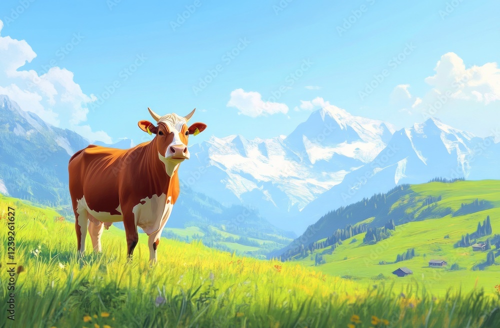 Peaceful Cow in Alpine Meadow Landscape Peaceful Cow in Alpine Meadow Landscape