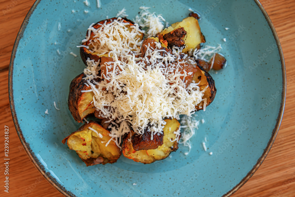 A plate of roasted potatoes with crispy, golden-brown edges is generously topped with freshly grated cheese.