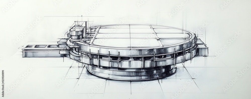 Technical sketch of industrial circular machinery design with intricate details Technical sketch of industrial circular machinery design with intricate details
