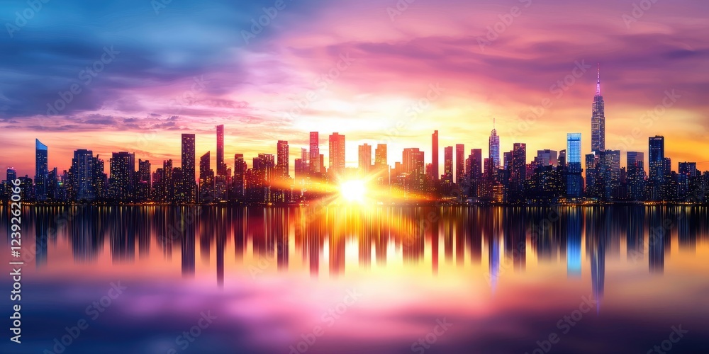 Fototapeta premium Tranquil city skyline backdrop featuring vibrant sunset reflections on a lake, silhouettes of buildings