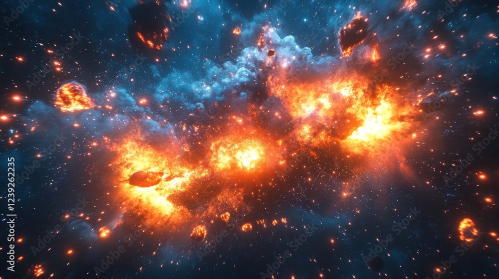 Naklejka premium Fiery meteor shower in space with bright explosions and starry nebula background