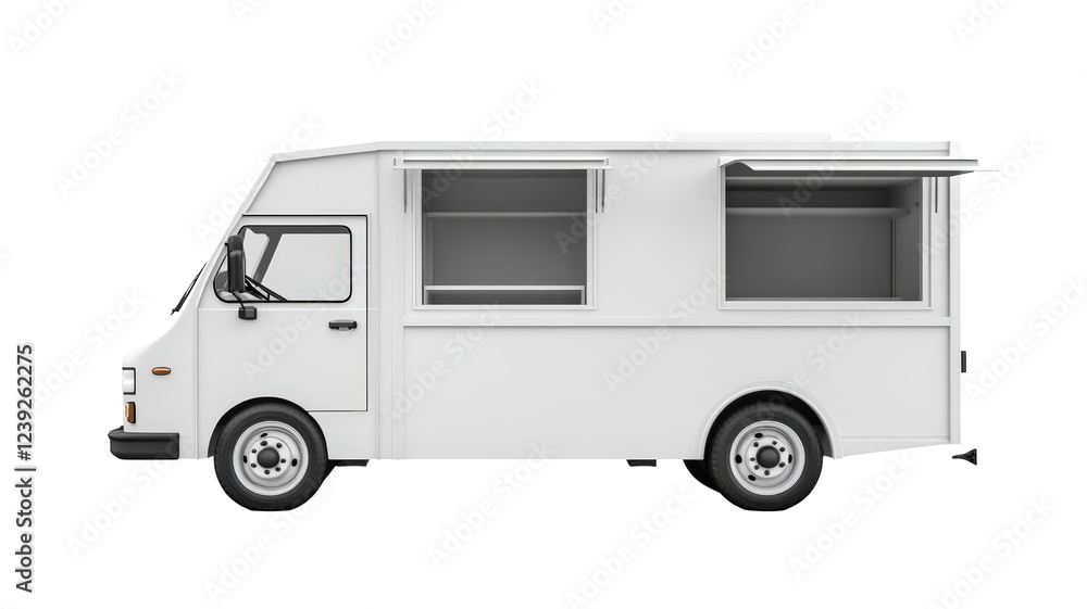 Isolated White Food Truck Side View with Serving Windows Isolated White Food Truck Side View with Serving Windows
