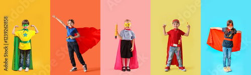 Obraz na plátne Set of different children dressed as superheroes on color background