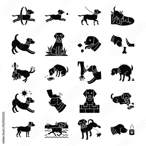 Dog activities icon set. dog walking, dog on a leash, linear icons, dog training illustrations for commercial use