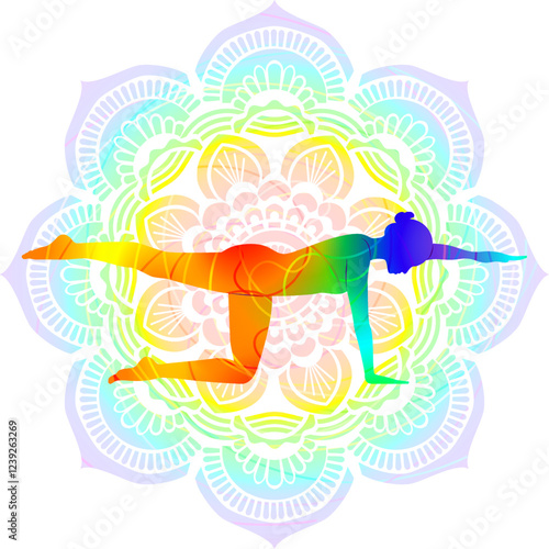 Colorful silhouette of woman practicing Utthita Chakravakasana yoga pose. Balancing Table pose or Ruddy Goose pose. Isolated vector illustration